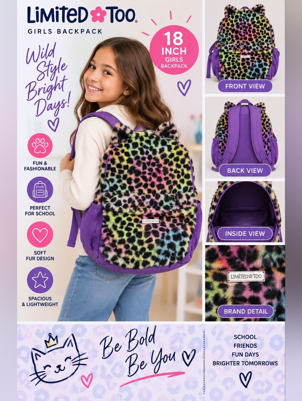 Limited too girls 18 inch colorful fur cat school bookbag #05